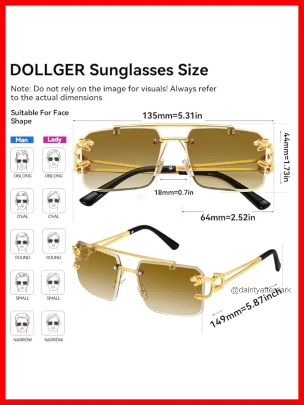 Rimless Square Sunglasses with Metal Sides UV400 Protection